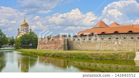 Fagaras Fortress Panoramic View Bridge Moat Golden Cathedral Romania 142693552