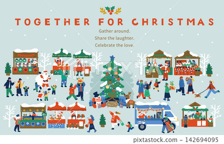 An illustration of a lively Christmas market with stalls and a Christmas tree. An illustration of a lively Christmas market with stalls and a Christmas tree. 142694095