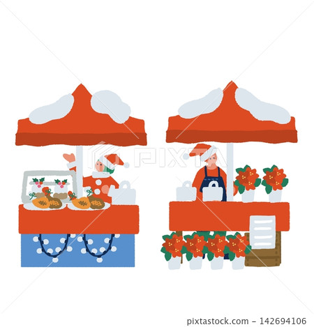 An illustration of two Christmas stalls featuring poinsettias and chickens. An illustration of two Christmas stalls featuring poinsettias and chickens. 142694106