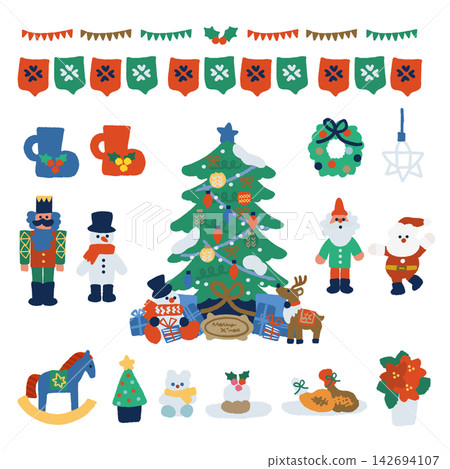 An illustration of a Christmas icon set featuring mugs, ornaments, chicken, and cake. An illustration of a Christmas icon set featuring mugs, ornaments, chicken, and cake. 142694107