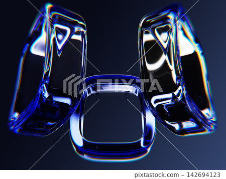 Transparent blue glass square frames with motion graphics on dark 3d background. Crystal boxes with glowing neon light, glitch and digital distortion effect. High-tech futuristic art. 3D illustration 142694123