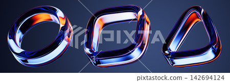 3D glass geometric shapes set: circle, square and triangle with red blue neon light refraction, chromatic dispersion effect on dark background. Crystal frames with orange heat glow. 3D illustration 3D glass geometric shapes set: circle, square and triangle with red blue neon light refraction, chromatic dispersion effect on dark background. Crystal frames with orange heat glow. 3D illustration 142694124
