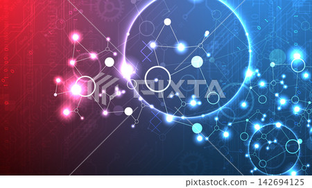 Abstract futuristic technology background with glowing molecular network, binary code and lens flare effect 142694125