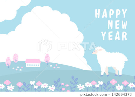 一張淺藍色橫版新年賀卡,迎接羊年,賀卡上畫著一朵巨大的白雲和花田裡的綿羊。 一張淺藍色橫版新年賀卡,迎接羊年,賀卡上畫著一朵巨大的白雲和花田裡的綿羊。 142694373