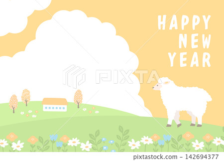 一張柔和的橫版新年賀卡，迎接羊年，賀卡上繪有淡黃色的天空和綠色的山丘，山丘上畫著綿羊。 142694377