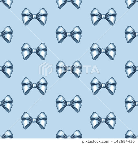 A seamless pattern of blue ribbon bows. A hand drawn watercolor illustration. Against a blue background. Ideal for textiles, tablecloths and curtains, wrapping paper, wallpaper, and much more. A seamless pattern of blue ribbon bows. A hand drawn watercolor illustration. Against a blue background. Ideal for textiles, tablecloths and curtains, wrapping paper, wallpaper, and much more. 142694436