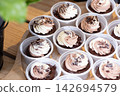 chocolate cupcakes on wooden plate in wedding party reception 142694579