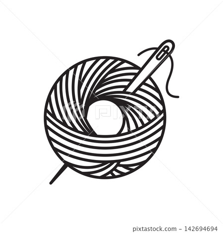 Minimalist line icon depicting a ball of wool yarn with a needle inserted through the center. Minimalist line icon depicting a ball of wool yarn with a needle inserted through the center. 142694694