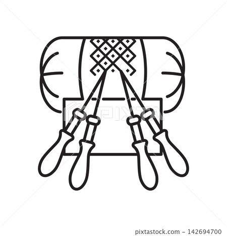 Line art icon depicting a traditional cylindrical bolster pillow with bobbins for lacemaking. Line art icon depicting a traditional cylindrical bolster pillow with bobbins for lacemaking. 142694700