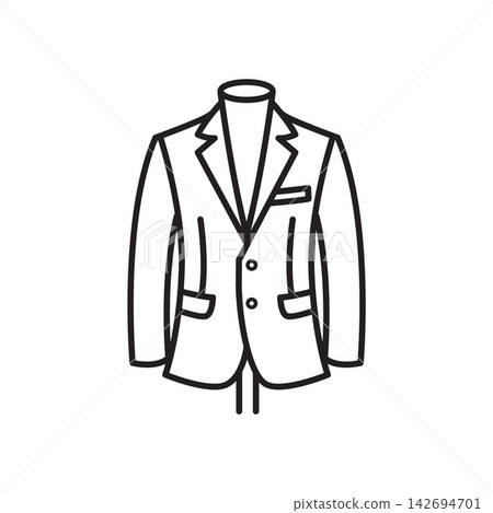 Minimalist line icon of a tailored men's suit jacket fitted on a dress mannequin. Minimalist line icon of a tailored men's suit jacket fitted on a dress mannequin. 142694701