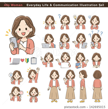 A set of illustrations depicting the daily life and communication of a woman in her 40s. A set of illustrations depicting the daily life and communication of a woman in her 40s. 142695015