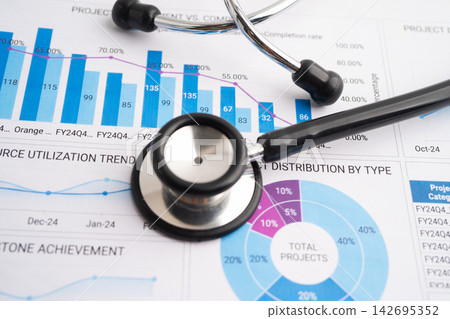 Stethoscope on spreadsheet and graph paper. Stethoscope on spreadsheet and graph paper. 142695352