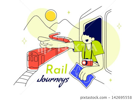 Rail Journeys Vector Illustration Featuring Scenic Train Travel, Railway Tracks, Adventure, Transportation, Tourism, And Countryside Landscape Rail Journeys Vector Illustration Featuring Scenic Train Travel, Railway Tracks, Adventure, Transportation, Tourism, And Countryside Landscape 142695558