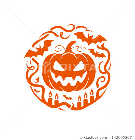 Halloween pumpkin round frame with flying bats Halloween pumpkin round frame with flying bats 142695807