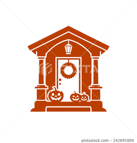Halloween decorated house porch with spooky pumpkins 142695809