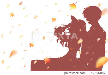 一男一女並肩開懷大笑;外出遊玩;秋葉;剪影。 一男一女並肩開懷大笑;外出遊玩;秋葉;剪影。 142696087