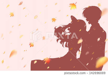 A man and a woman laugh happily side by side; out and about; autumn leaves; silhouettes. A man and a woman laugh happily side by side; out and about; autumn leaves; silhouettes. 142696089