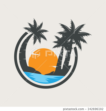 concept with summer beach with palm trees, ocean and sunset beach summer illustration template 142696102