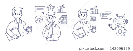 AI Chatbot Assistant and Businessman Set. Male Character Collaborating with Cute Robot. Hand Drawn Line Art. Man Thinking Over Analytics Charts and Automation. Isolated Outline Vector Illustration. AI Chatbot Assistant and Businessman Set. Male Character Collaborating with Cute Robot. Hand Drawn Line Art. Man Thinking Over Analytics Charts and Automation. Isolated Outline Vector Illustration. 142696159