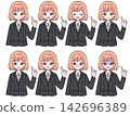 A set of facial expressions featuring a young woman in a suit, resembling a new employee. 142696389