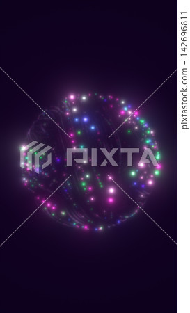 Abstract spherical network filled with colorful glowing particles and curved light trails on a dark purple background. Abstract spherical network filled with colorful glowing particles and curved light trails on a dark purple background. 142696811