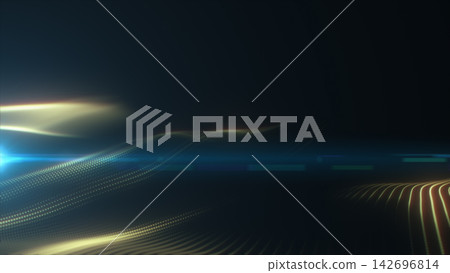 Minimal glowing blue, green, and yellow particle waves on a dark background with copy space, representing digital data, signals, technology, and communication. Minimal glowing blue, green, and yellow particle waves on a dark background with copy space, representing digital data, signals, technology, and communication. 142696814