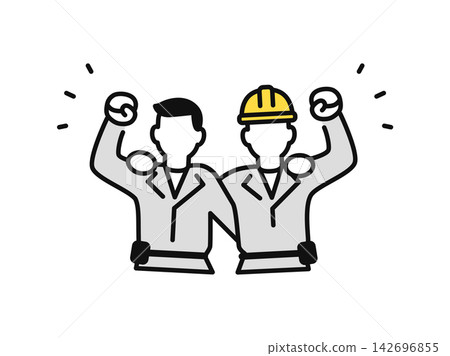 Simple vector illustration icon of two construction workers with their arms around each other's shoulders. Simple vector illustration icon of two construction workers with their arms around each other's shoulders. 142696855