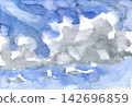 Watercolor dramatic blue sky with fluffy grey and white clouds 142696859