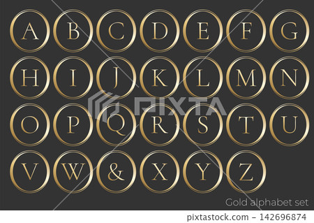 一套奢華的金色字母(A-Z)圓形邊框徽章式設計零件。 一套奢華的金色字母(A-Z)圓形邊框徽章式設計零件。 142696874