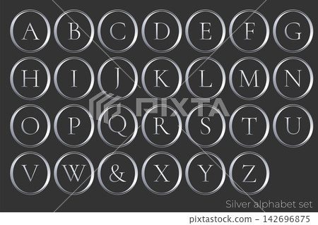 一套優雅的銀色字母(A-Z)圓形邊框徽章式設計部件。 一套優雅的銀色字母(A-Z)圓形邊框徽章式設計部件。 142696875