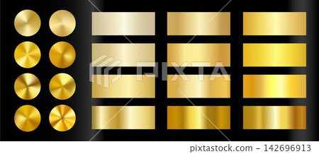 Luxury gold gradient collection and radial metallic mesh palettes. Vector set of golden foil textures, yellow brass and polished bronze swatches for elegant branding, jewelry design and premium decor. Luxury gold gradient collection and radial metallic mesh palettes. Vector set of golden foil textures, yellow brass and polished bronze swatches for elegant branding, jewelry design and premium decor. 142696913