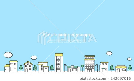 一幅簡單的彩色街景插圖:綠色和黃色的城市景觀,以藍色的天空為背景,寬高比為 16:9。 一幅簡單的彩色街景插圖:綠色和黃色的城市景觀,以藍色的天空為背景,寬高比為 16:9。 142697016