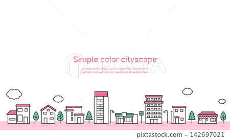 Simple colored cityscape illustration, pink background, white background, 16:9 aspect ratio. Simple colored cityscape illustration, pink background, white background, 16:9 aspect ratio. 142697021