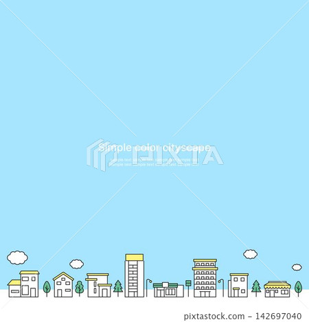 簡單的彩色街景插圖:綠色和黃色的街景,以藍天為背景,呈正方形。 簡單的彩色街景插圖:綠色和黃色的街景,以藍天為背景,呈正方形。 142697040