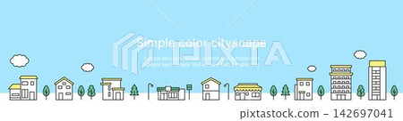 簡潔的彩色城市景觀插圖：綠色和黃色的城市景觀，以藍天為背景。適用於網頁橫幅。 142697041
