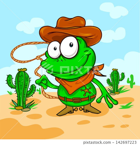 Cute Cartoon Frog Cowboy in a Western Town Vector Illustration Cute Cartoon Frog Cowboy in a Western Town Vector Illustration 142697223