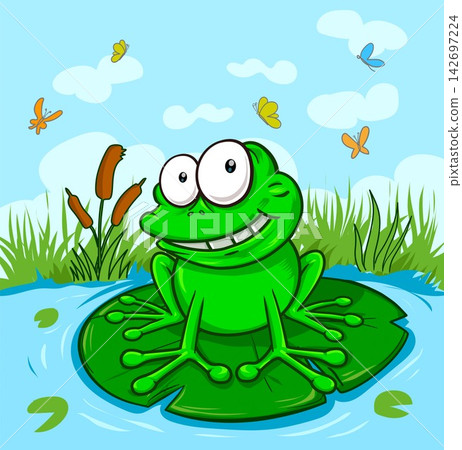 Adorable cartoon frog character sitting on water lilly leaf. vector illustration Adorable cartoon frog character sitting on water lilly leaf. vector illustration 142697224