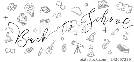 Educational horizontal banner with hand drawn school doodles and bold Back to School lettering. Vector graphic background Educational horizontal banner with hand drawn school doodles and bold Back to School lettering. Vector graphic background 142697229