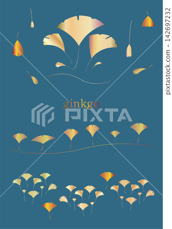 一組金色的銀杏葉和裝飾元素,用於點綴藍綠色的背景。 一組金色的銀杏葉和裝飾元素,用於點綴藍綠色的背景。 142697232