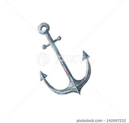 Watercolor anchor isolated on white background. Hand drawn marine illustration of vintage steel ship anchor with rust. Realistic detailed ocean nautical element for travel design Watercolor anchor isolated on white background. Hand drawn marine illustration of vintage steel ship anchor with rust. Realistic detailed ocean nautical element for travel design 142697252