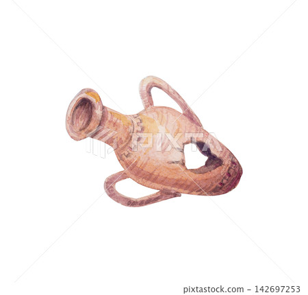 Watercolor ancient amphora isolated on white background. Hand drawn marine illustration of broken antique clay vase pitcher. Realistic detailed ocean pirate treasure element for design Watercolor ancient amphora isolated on white background. Hand drawn marine illustration of broken antique clay vase pitcher. Realistic detailed ocean pirate treasure element for design 142697253