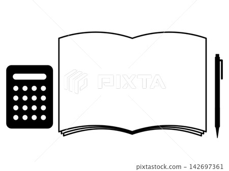 An open notebook, calculator, ballpoint pen, household account book, accounting, learning icons, and frames. An open notebook, calculator, ballpoint pen, household account book, accounting, learning icons, and frames. 142697361