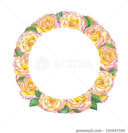 Floral round frame with yellow pink roses and foliage. Botanical watercolor illustration isolated on white background hand painted realistic flower wreath for home decor and festive branding Floral round frame with yellow pink roses and foliage. Botanical watercolor illustration isolated on white background hand painted realistic flower wreath for home decor and festive branding 142697394