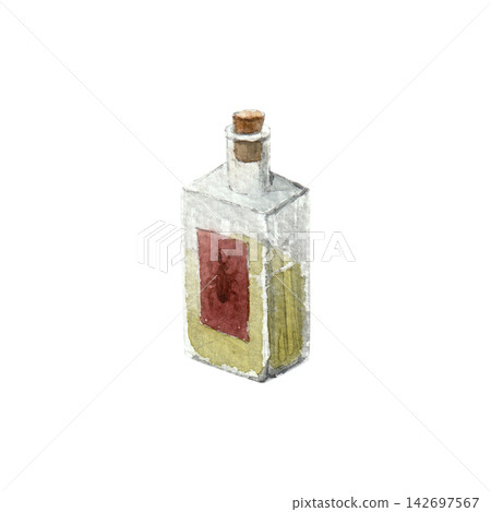 Decorative potion bottle with magical green liquid. Watercolor illustration for Halloween packaging, cards, posters 142697567