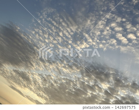 Cirrocumulus clouds chasing the sun as it sinks below the horizon Cirrocumulus clouds chasing the sun as it sinks below the horizon 142697575