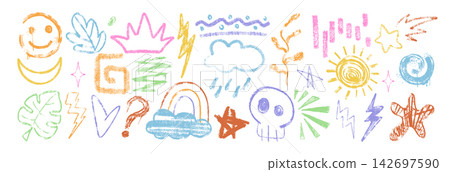 Hand drawn crayon kids doodle shapes, squiggles, freehand summer icons Hand drawn crayon kids doodle shapes, squiggles, freehand summer icons 142697590