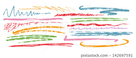 Colored hand drawn charcoal underlines, scribbles, brush strokes, freehand crayon lines Colored hand drawn charcoal underlines, scribbles, brush strokes, freehand crayon lines 142697591