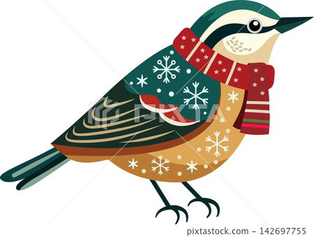 Decorative illustration of a stylized blue, teal, cream, and golden songbird wearing a red patterned scarf. Decorative illustration of a stylized blue, teal, cream, and golden songbird wearing a red patterned scarf. 142697755