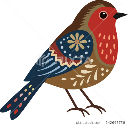 Colorful decorative bird illustration of a stylized red, brown, and blue songbird with intricate floral and geometric patterns on its body and wings. Colorful decorative bird illustration of a stylized red, brown, and blue songbird with intricate floral and geometric patterns on its body and wings. 142697756