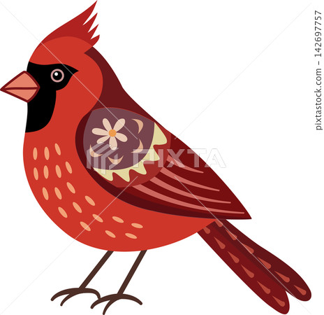 Decorative red cardinal bird illustration with a bright red body, dark red wings and tail, a black facial mask, peach-colored beak, and a floral patterned wing. Decorative red cardinal bird illustration with a bright red body, dark red wings and tail, a black facial mask, peach-colored beak, and a floral patterned wing. 142697757